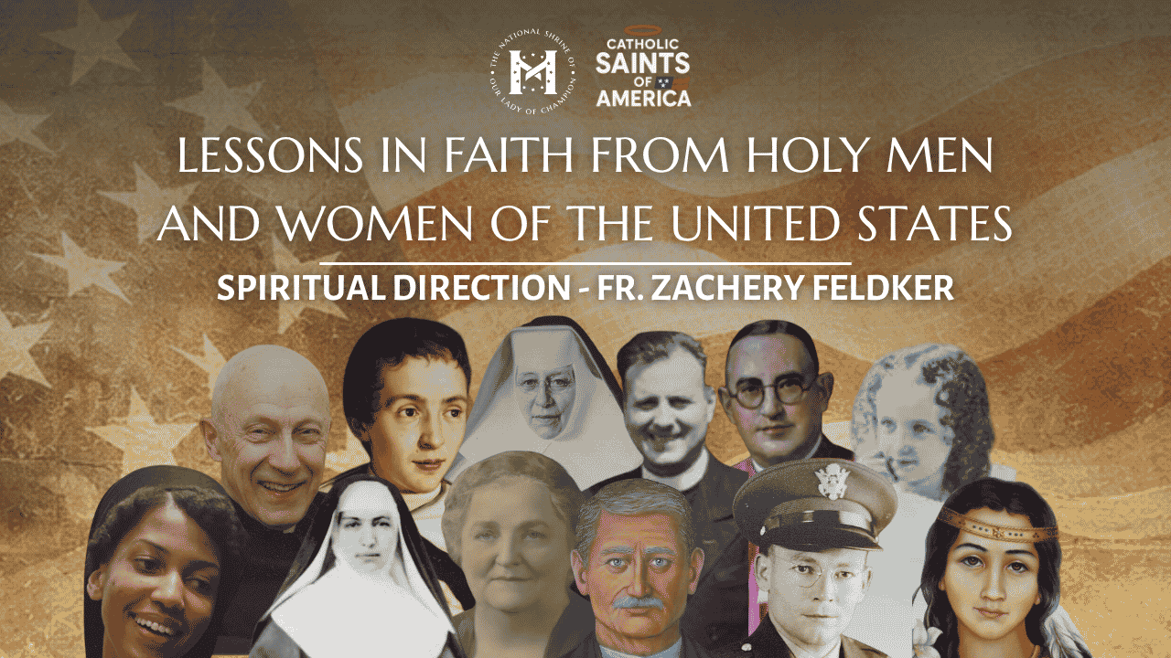 Holy men and women portraits in front of American flag