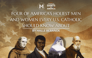 American flag behind four faces of holy people