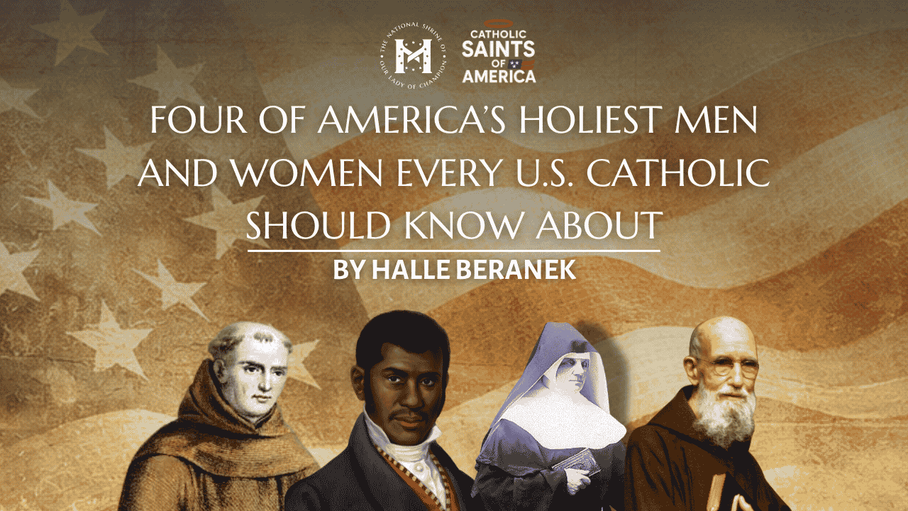 American flag behind four faces of holy people
